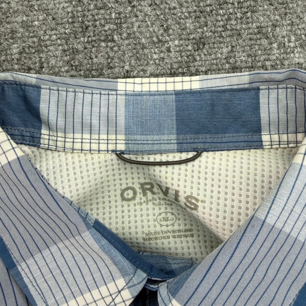 Orvis Shirt Mens Extra Large Blue White Plaid Button Up Short Sleeve Fishing - Picture 3 of 11